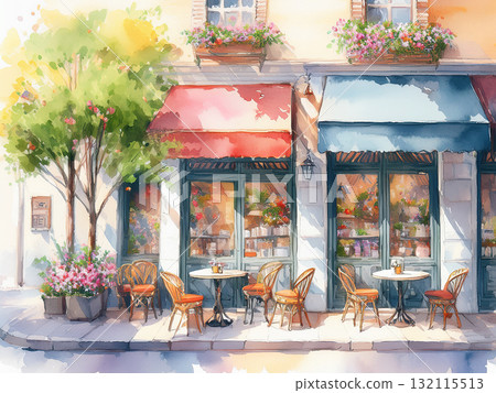A window surrounded by flowers. A bright exterior of a cafe. Watercolor illustration/postcard. Terrace seating. A window surrounded by flowers. A bright exterior of a cafe. Watercolor illustration/postcard. Terrace seating. 132115513