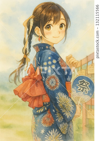 身穿煙火圖案浴衣的美麗女孩的水彩肖像 132115566