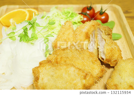 Pork cutlet and vegetable salad lunch set, meal in retro restaurant 132115934