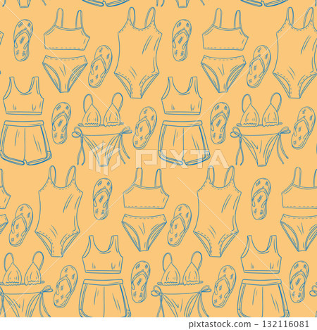 Hand drawn vector seamless pattern with swimsuits, shorts, and flip flops on a yellow background Hand drawn vector seamless pattern with swimsuits, shorts, and flip flops on a yellow background 132116081