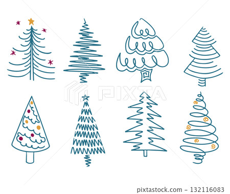 Hand drawn vector set of stylized Christmas trees with simple doodle lines and minimal decorations Hand drawn vector set of stylized Christmas trees with simple doodle lines and minimal decorations 132116083
