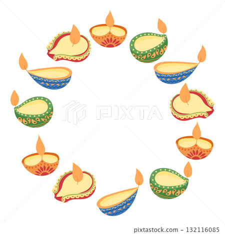 Hand drawn vector illustration of colorful Diwali lamps arranged in a circular wreath Hand drawn vector illustration of colorful Diwali lamps arranged in a circular wreath 132116085