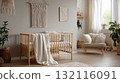 Minimalist nursery interior with wooden crib, cozy chair, and natural boho decor 132116091