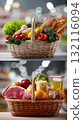 Two wicker baskets filled with assorted fresh groceries including vegetables, fruits, bread, meat, and dairy 132116094
