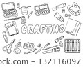 Hand drawn vector illustration of crafting tools and art supplies arranged around the word crafting in bold letters 132116097