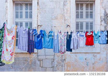 Laundry drying on clothesline in Dubrovnik Croatia 132116108