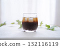 Iced coffee and houseplants on a windowsill (white background) 132116119