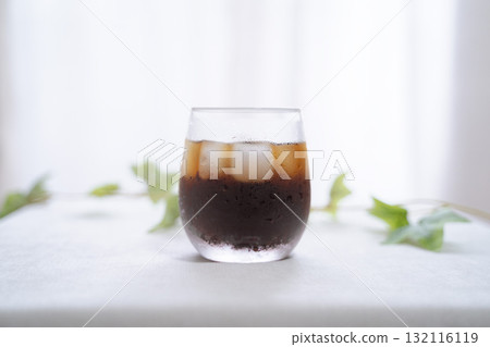 Iced coffee and houseplants on a windowsill (white background) Iced coffee and houseplants on a windowsill (white background) 132116119