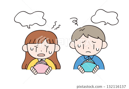 Illustration of a man and a woman looking anxiously at their wallets 132116137