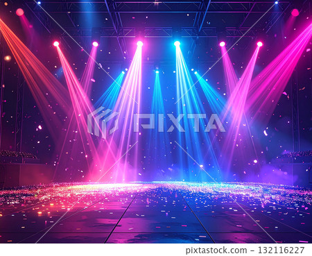 A live concert venue with colorful spotlights and confetti creating a lively atmosphere A live concert venue with colorful spotlights and confetti creating a lively atmosphere 132116227