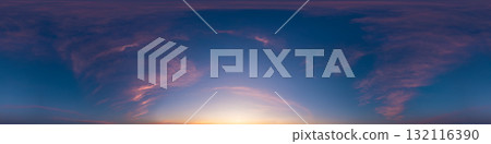 Sunset sky with bright glowing pink Cirrus clouds. Seamless spherical HDR 360 panorama. Full zenith or sky dome in 3D, sky replacement for aerial drone panoramas. Climate and weather change. 132116390
