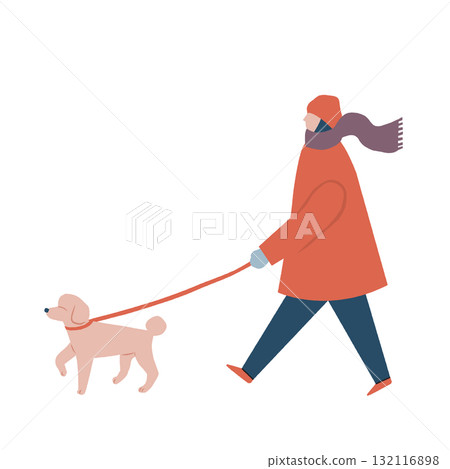 一名身穿冬裝的女子遛狗 一名身穿冬裝的女子遛狗 132116898