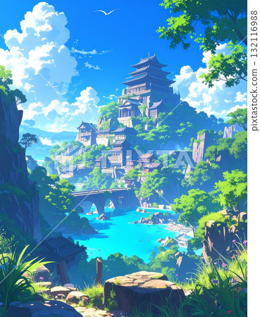 A Japanese-style castle and castle town surrounded by blue skies and greenery create a fantastical, otherworldly landscape that evokes a grand story. 132116988