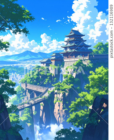 A Japanese-style castle and castle town surrounded by blue skies and greenery create a fantastical, otherworldly landscape that evokes a grand story. 132116989