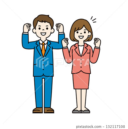 Full-body vector illustration set of young men and women in suits smiling and making a fist pump_Color 132117108