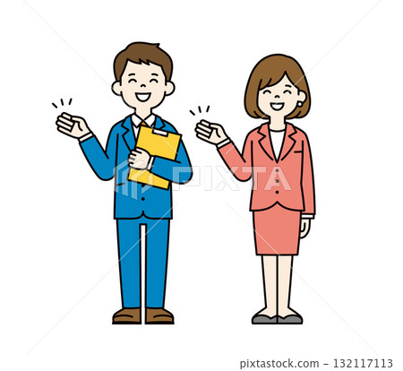 Full-body vector illustration set of young male and female office workers holding documents and introducing them_Color 132117113