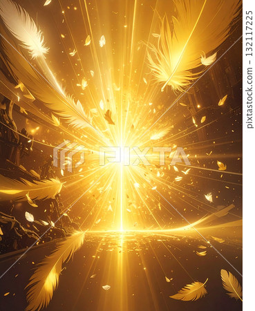 Pure white feathers dancing in the golden light and sparkle create a majestic background. 132117225