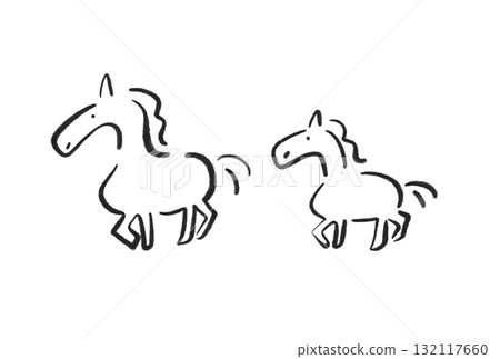 兩匹可愛的馬在水墨畫中行走，2026，新年材料，單色 132117660