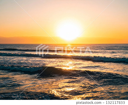 Gentle waves, golden sun, cinematic horizon, serene seascape Gentle waves, golden sun, cinematic horizon, serene seascape 132117833