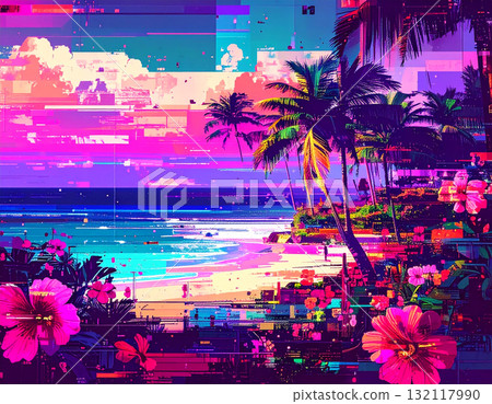 賽博龐克風格的熱帶海灘，帶有故障和噪音效果 132117990