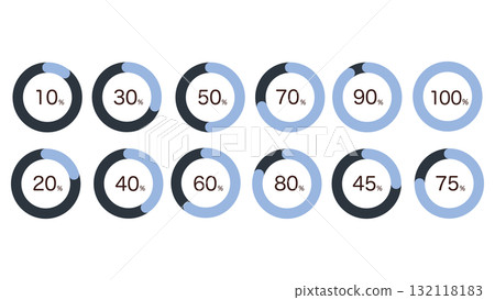 A set of pie chart illustrations showing progress 132118183