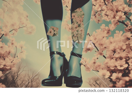 Woman legs with flowers vintage collage. Generative AI Woman legs with flowers vintage collage. Generative AI 132118320