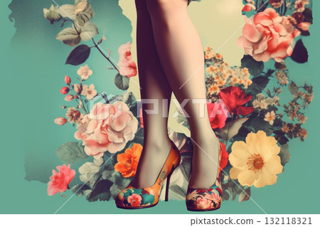 Woman legs with flowers vintage collage. Generative AI Woman legs with flowers vintage collage. Generative AI 132118321