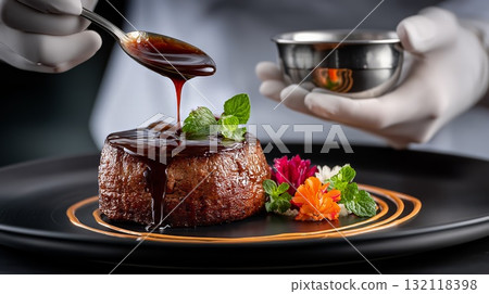 Chef plating gourmet dessert. Pouring rich chocolate sauce over a decadent cake. Garnished with fresh mint leaves and edible flowers on a sophisticated black plate 132118398