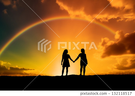Relationship concept. Illustration of two lesbian females. Generative AI Relationship concept. Illustration of two lesbian females. Generative AI 132118517