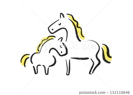 兩匹白馬和它們的孩子緊緊地站在一起,閉著眼睛 2026 年新年材料,水墨畫 兩匹白馬和它們的孩子緊緊地站在一起,閉著眼睛 2026 年新年材料,水墨畫 132118646