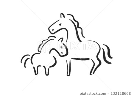 兩匹馬和它們的孩子緊緊地站在一起，閉著眼睛 2026 年新年材料，水墨畫 132118668