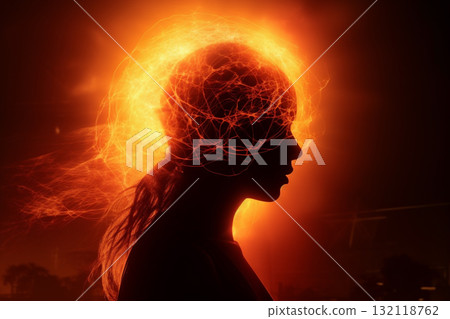 Woman silhouette suffering from sun magnetic storm. Generative AI Woman silhouette suffering from sun magnetic storm. Generative AI 132118762