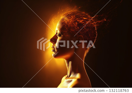 Woman silhouette suffering from sun magnetic storm. Generative AI 132118763