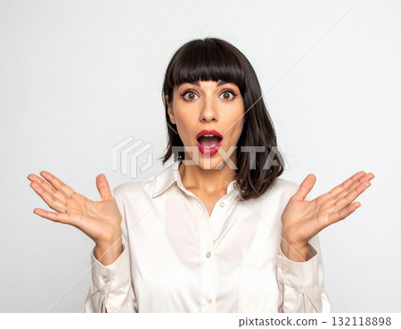 一個女人驚訝地張開雙臂 132118898