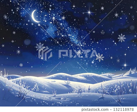 A fantastical landscape with a crescent moon, stars, and sparkling snow A fantastical landscape with a crescent moon, stars, and sparkling snow 132118978