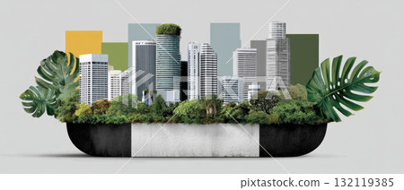 Urban green cityscape with sustainable skyline, rooftop gardens and tropical foliage conveying eco friendly urban renewal 132119385