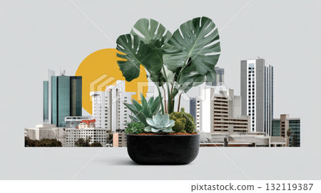 Indoor plant arrangement succulent potted succulent urban skyline modern office building tropical foliage monstera leaf ceramic planter green decor 132119387
