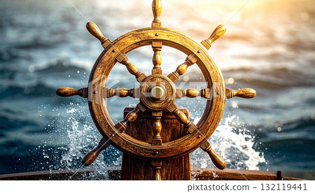 A wooden rudder shining on the ocean - a symbol of navigation and challenge 132119441