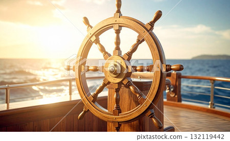A wooden rudder shining on the ocean - a symbol of navigation and challenge 132119442