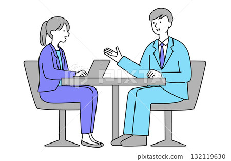 A simple line drawing vector illustration of male and female business people in suits having a meeting in the office A simple line drawing vector illustration of male and female business people in suits having a meeting in the office 132119630