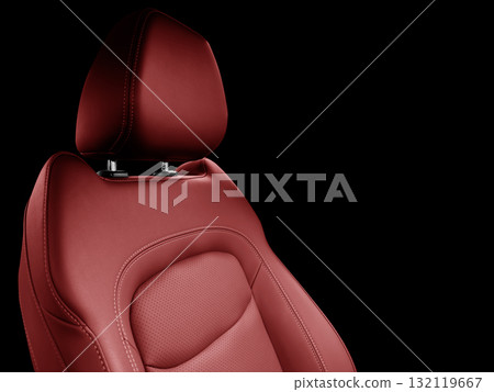 Car red leather interior. Part of red leather car seat details with white stitching. Interior of prestige car. Perforated leather seats isolated on black. Perforated leather. Car red leather interior. Part of red leather car seat details with white stitching. Interior of prestige car. Perforated leather seats isolated on black. Perforated leather. 132119667