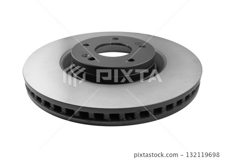 Car brake disc isolated on white background. Auto spare parts. Perforated brake disc rotor isolated on white. Braking ventilated discs. Quality spare parts for car service or maintenance Car brake disc isolated on white background. Auto spare parts. Perforated brake disc rotor isolated on white. Braking ventilated discs. Quality spare parts for car service or maintenance 132119698