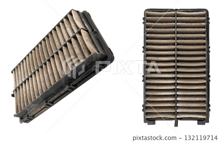 Used car cabin charcoal air filter texture background. Dirty carbon car air filter with dust pattern. Used car cabin charcoal air filter texture background. Dirty carbon car air filter with dust pattern. 132119714