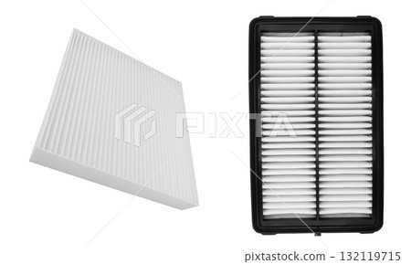 New car air filter element. Car cabin air filter texture background. Close-up air filter isolated. Quality spare parts for car service or maintenance New car air filter element. Car cabin air filter texture background. Close-up air filter isolated. Quality spare parts for car service or maintenance 132119715