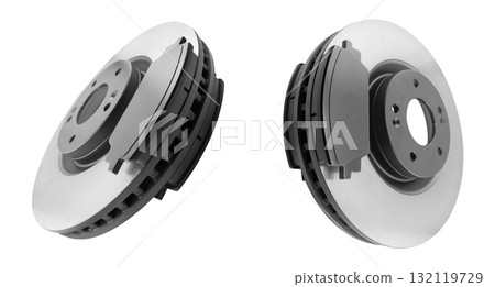 Brake discs and brake pads isolated on white background. Auto parts. Brake disc rotor isolated on white. Braking disk. Car part. Quality spare parts for car service or maintenance Brake discs and brake pads isolated on white background. Auto parts. Brake disc rotor isolated on white. Braking disk. Car part. Quality spare parts for car service or maintenance 132119729