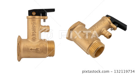 Bronze plumbing fitting for pipes isolated on white background. Brass water fitting adapter isolated. 132119734