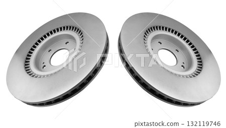 Car brake disc isolated on white background. Auto spare parts. Perforated brake disc rotor isolated on white. Braking ventilated discs. Quality spare parts for car service or maintenance Car brake disc isolated on white background. Auto spare parts. Perforated brake disc rotor isolated on white. Braking ventilated discs. Quality spare parts for car service or maintenance 132119746