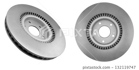Car brake disc isolated on white background. Auto spare parts. Perforated brake disc rotor isolated on white. Braking ventilated discs. Quality spare parts for car service or maintenance Car brake disc isolated on white background. Auto spare parts. Perforated brake disc rotor isolated on white. Braking ventilated discs. Quality spare parts for car service or maintenance 132119747