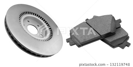 Car brake disc and brake pads isolated on white background. Auto spare parts. Perforated brake disc rotor isolated. Ventilated discs. Spare parts for car service or maintenance. Car brake disc and brake pads isolated on white background. Auto spare parts. Perforated brake disc rotor isolated. Ventilated discs. Spare parts for car service or maintenance. 132119748