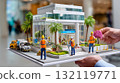 Miniature modern green building diorama with construction workers and eco-friendly landscaping 132119771